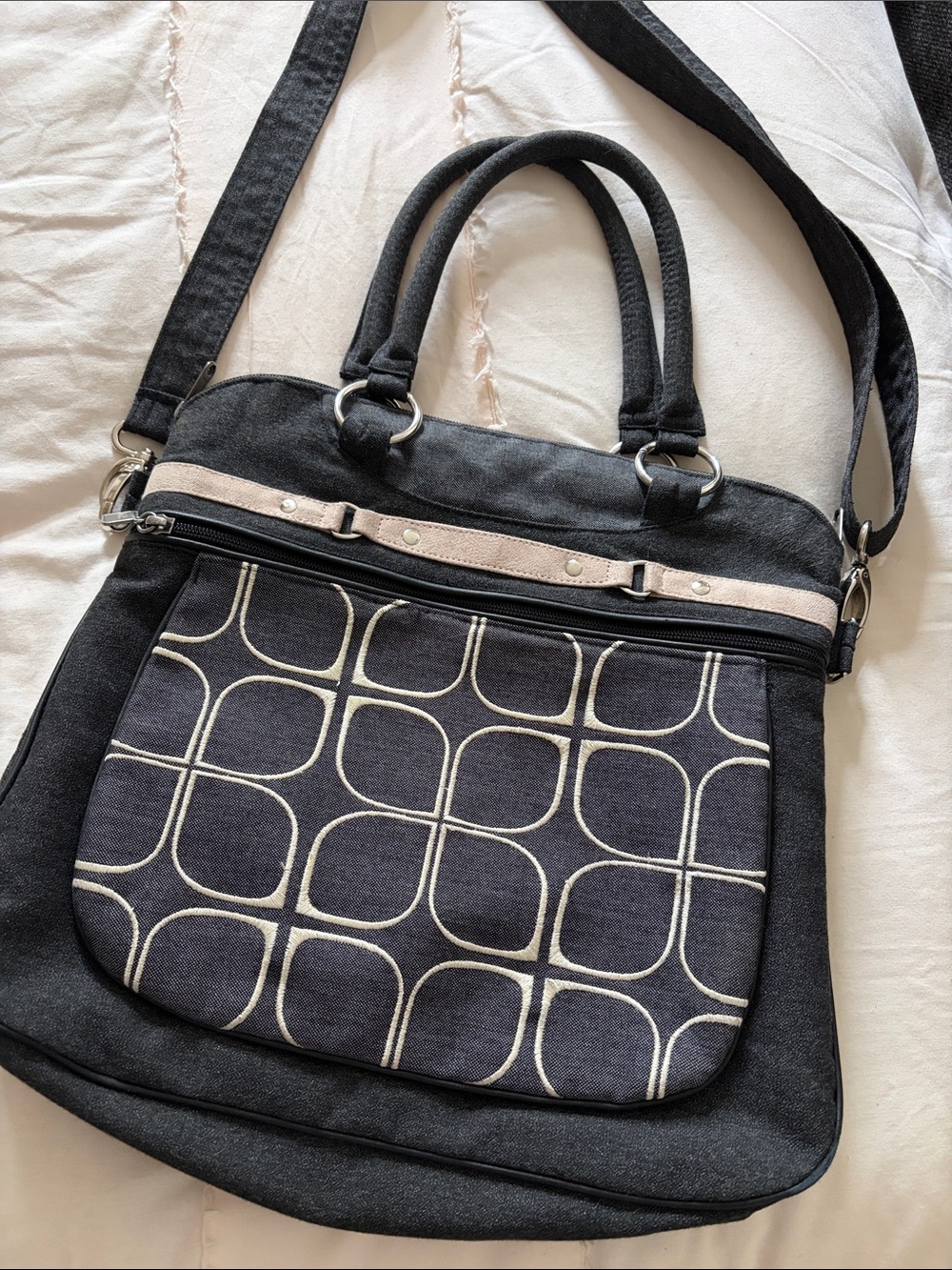 Jacks Black Canvas Shoulder Bag with Geometric Front Pocket and Cream Trim